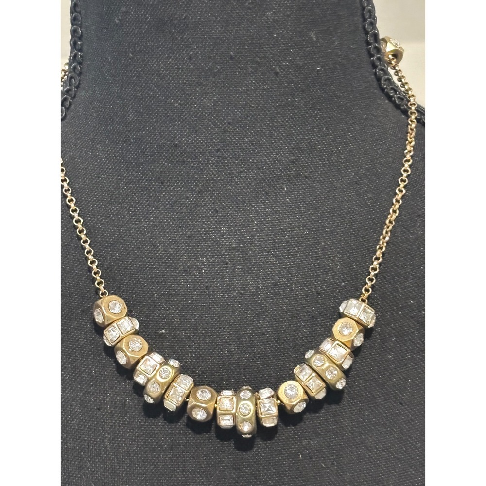Antique Gold Tone Beaded Stone Crystal Charm Station Necklace Art Deco Boho Chic